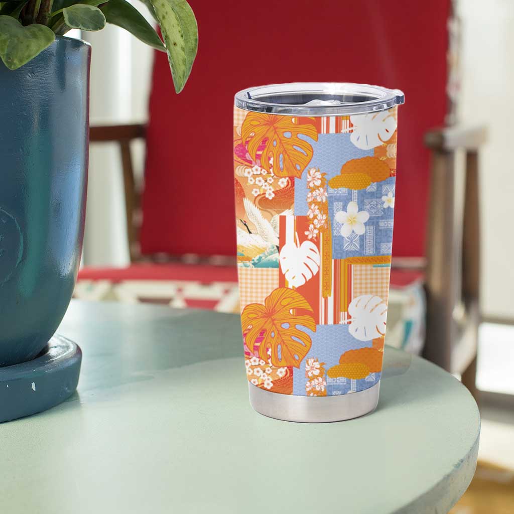 Hawaiian and Japanese Culture Together Tumbler Cup Palaka Japanese Art and Tropical Motif Tribal Patchwork LT03 - Polynesian Pride