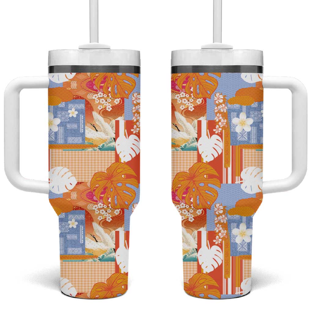 Hawaiian and Japanese Culture Together Tumbler With Handle Palaka Japanese Art and Tropical Motif Tribal Patchwork