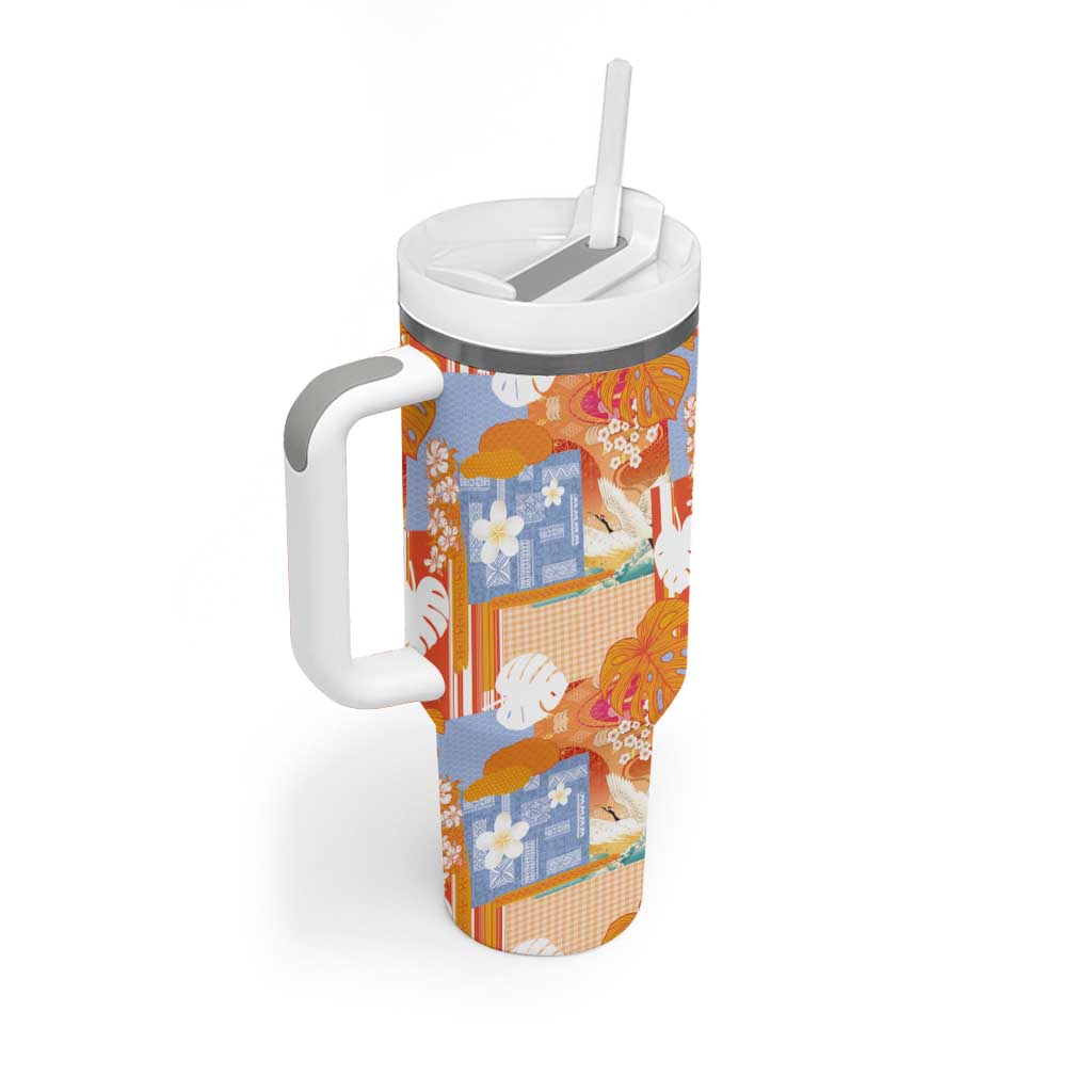 Hawaiian and Japanese Culture Together Tumbler With Handle Palaka Japanese Art and Tropical Motif Tribal Patchwork LT03 - Polynesian Pride