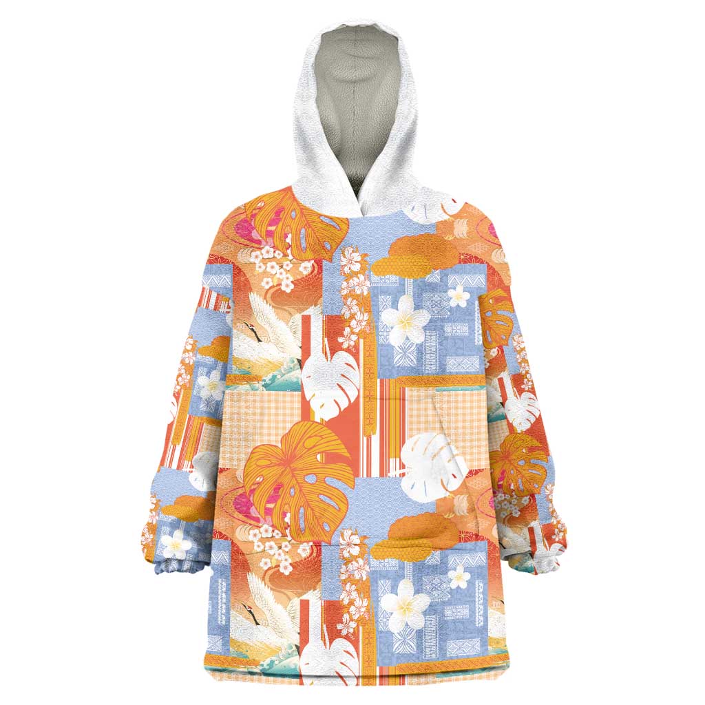Hawaiian and Japanese Culture Together Wearable Blanket Hoodie Palaka Japanese Art and Tropical Motif Tribal Patchwork LT03 One Size Multicolor - Polynesian Pride