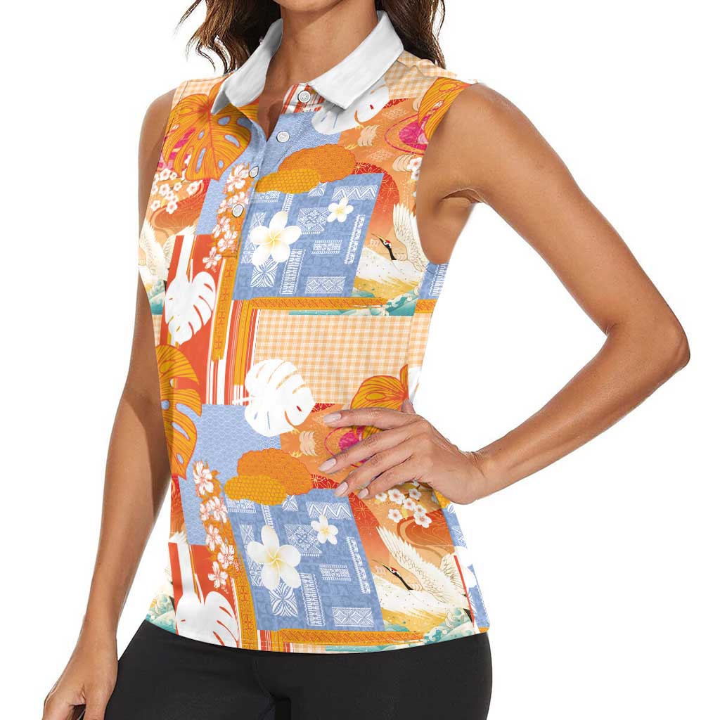Hawaiian and Japanese Culture Together Women Sleeveless Polo Shirt Palaka Japanese Art and Tropical Motif Tribal Patchwork LT03 - Polynesian Pride
