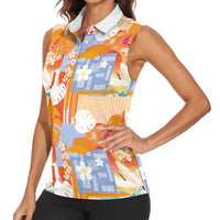 Hawaiian and Japanese Culture Together Women Sleeveless Polo Shirt Palaka Japanese Art and Tropical Motif Tribal Patchwork LT03 - Polynesian Pride