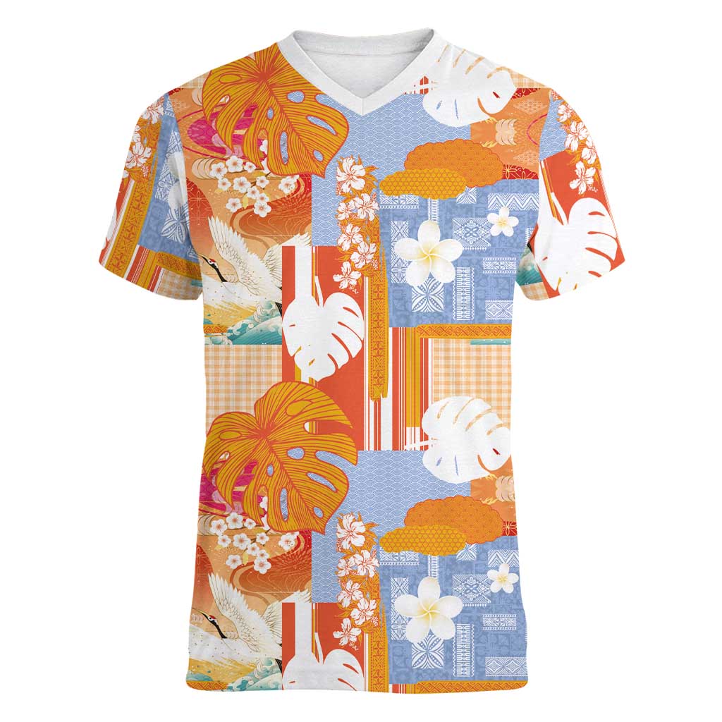 Hawaiian and Japanese Culture Together Women V-Neck T-Shirt Palaka Japanese Art and Tropical Motif Tribal Patchwork LT03 Female Multicolor - Polynesian Pride