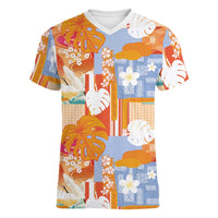 Hawaiian and Japanese Culture Together Women V-Neck T-Shirt Palaka Japanese Art and Tropical Motif Tribal Patchwork LT03 Female Multicolor - Polynesian Pride