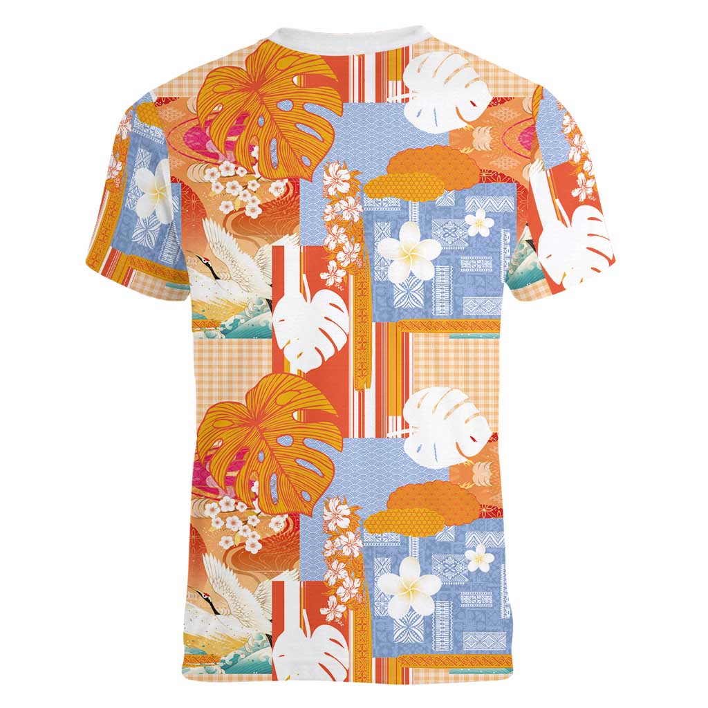 Hawaiian and Japanese Culture Together Women V-Neck T-Shirt Palaka Japanese Art and Tropical Motif Tribal Patchwork LT03 - Polynesian Pride
