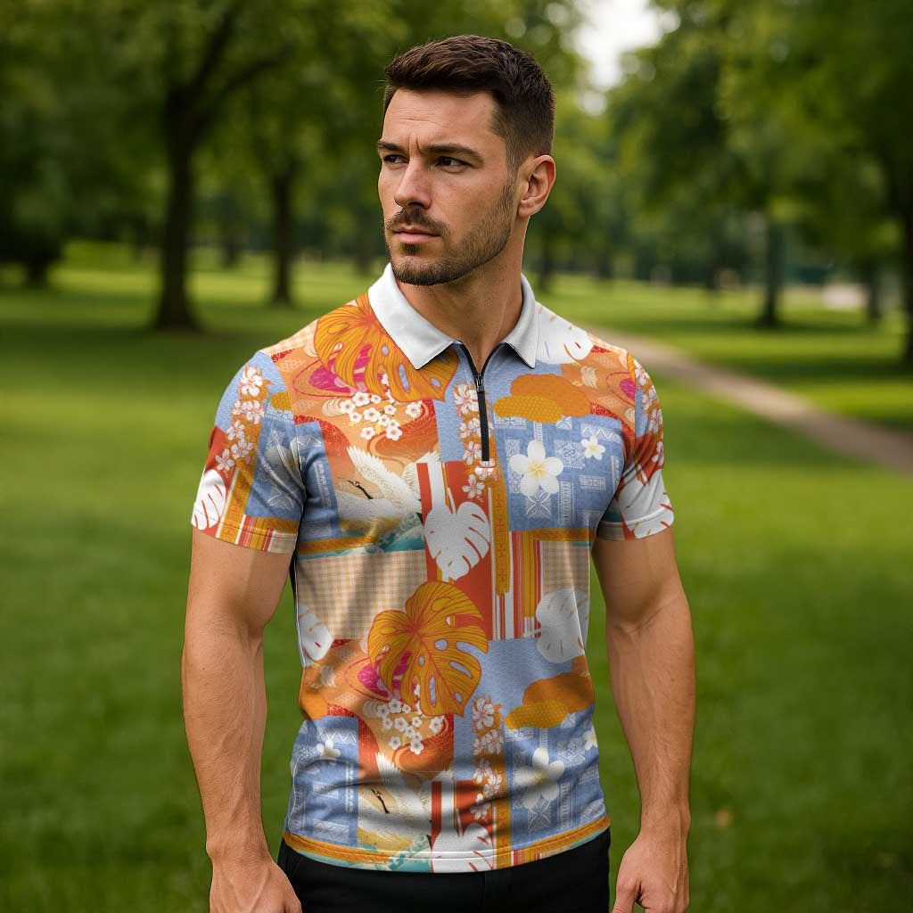 Hawaiian and Japanese Culture Together Zipper Polo Shirt Palaka Japanese Art and Tropical Motif Tribal Patchwork LT03 - Polynesian Pride