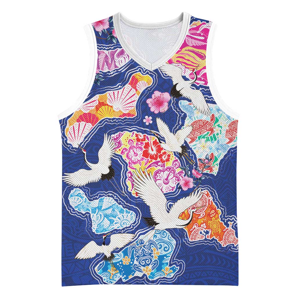 Hawaiian and Japanese Culture Together Basketball Jersey Hawaiian Archipelago Shape Sea Animals