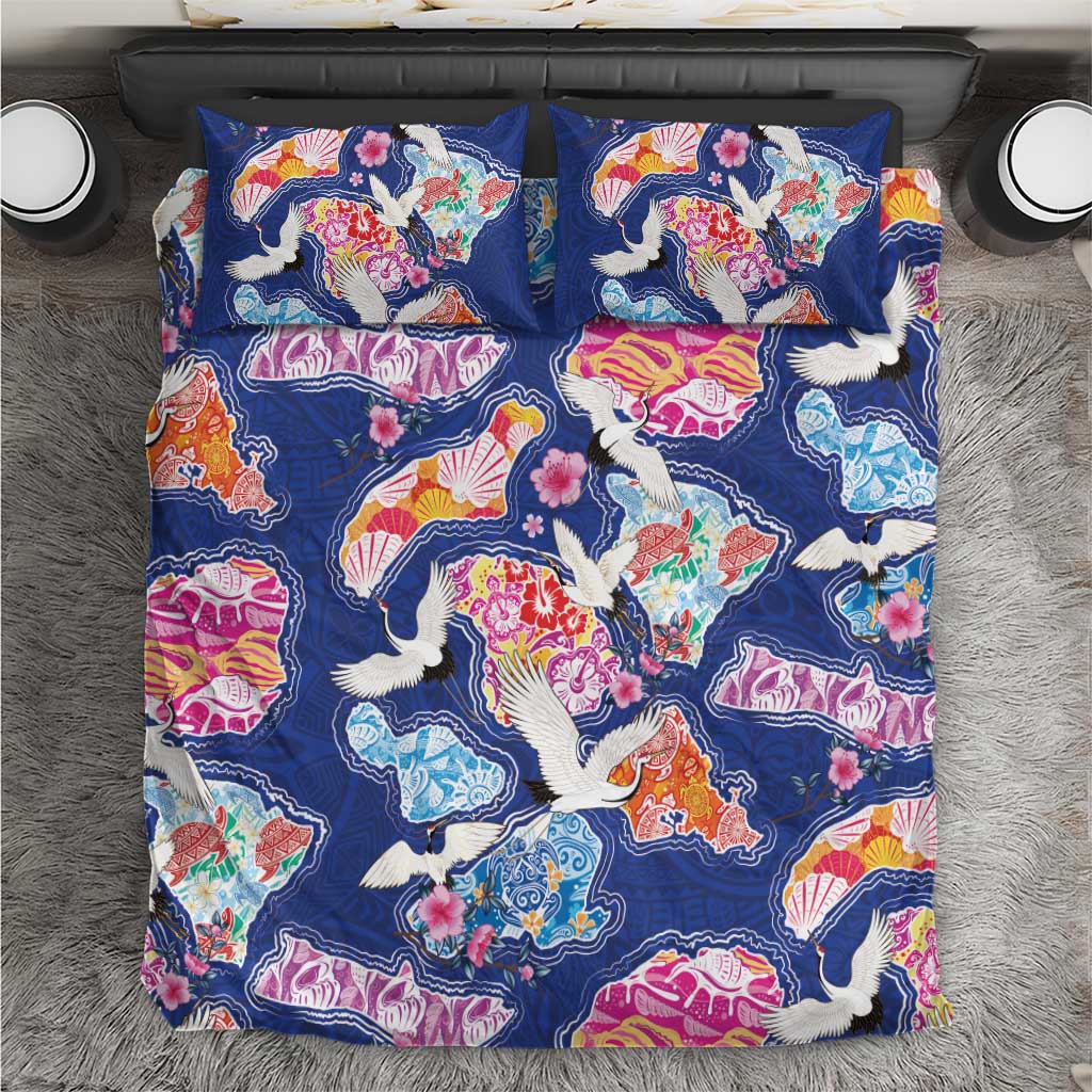 Hawaiian and Japanese Culture Together Bedding Set Hawaiian Archipelago Shape Sea Animals