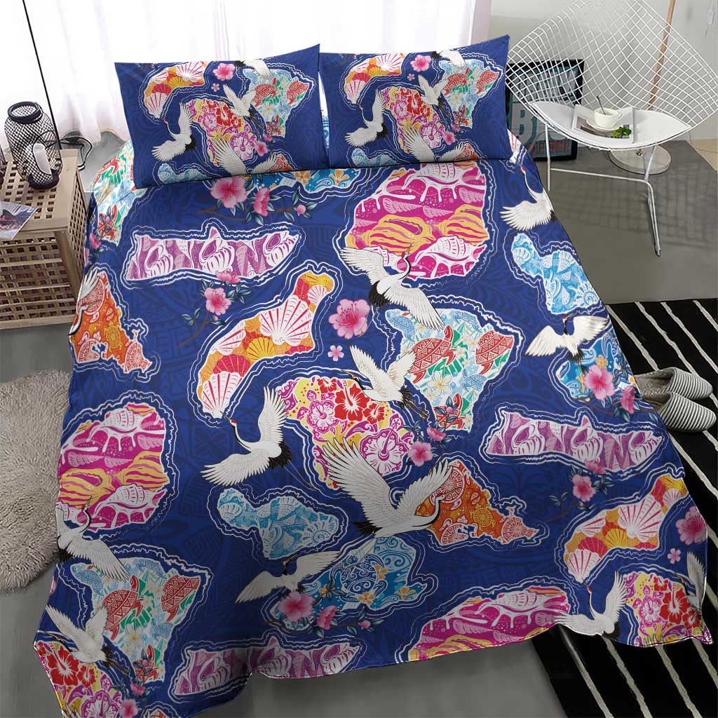 Hawaiian and Japanese Culture Together Bedding Set Hawaiian Archipelago Shape Sea Animals