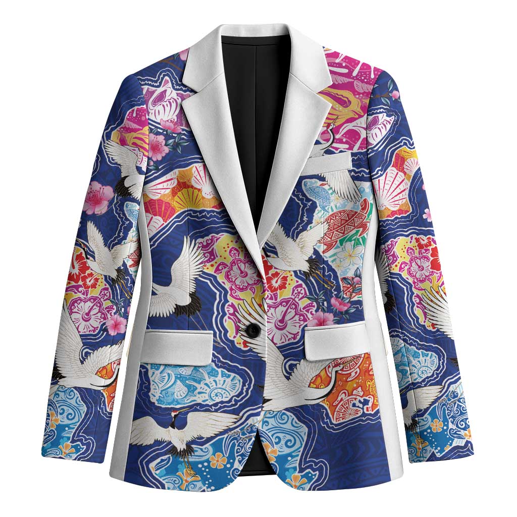 Hawaiian and Japanese Culture Together Blazer Hawaiian Archipelago Shape Sea Animals