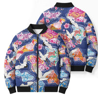 Hawaiian and Japanese Culture Together Bomber Puffer Jacket Hawaiian Archipelago Shape Sea Animals