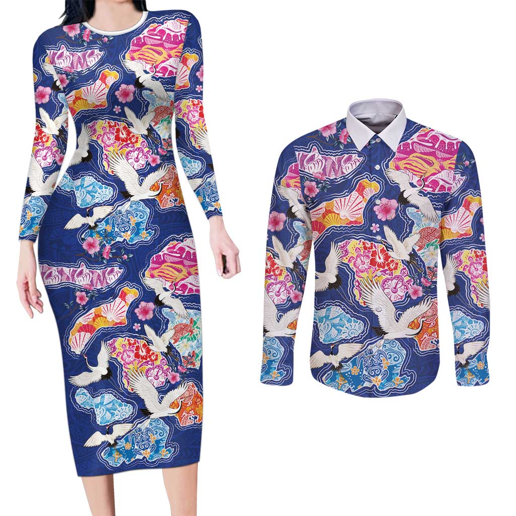 Hawaiian and Japanese Culture Together Couples Matching Long Sleeve Bodycon Dress and Long Sleeve Button Shirt Hawaiian Archipelago Shape Sea Animals LT03 Multicolor - Polynesian Pride