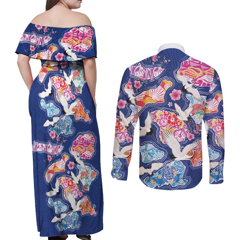 Hawaiian and Japanese Culture Together Couples Matching Off Shoulder Maxi Dress and Long Sleeve Button Shirt Hawaiian Archipelago Shape Sea Animals LT03 - Polynesian Pride
