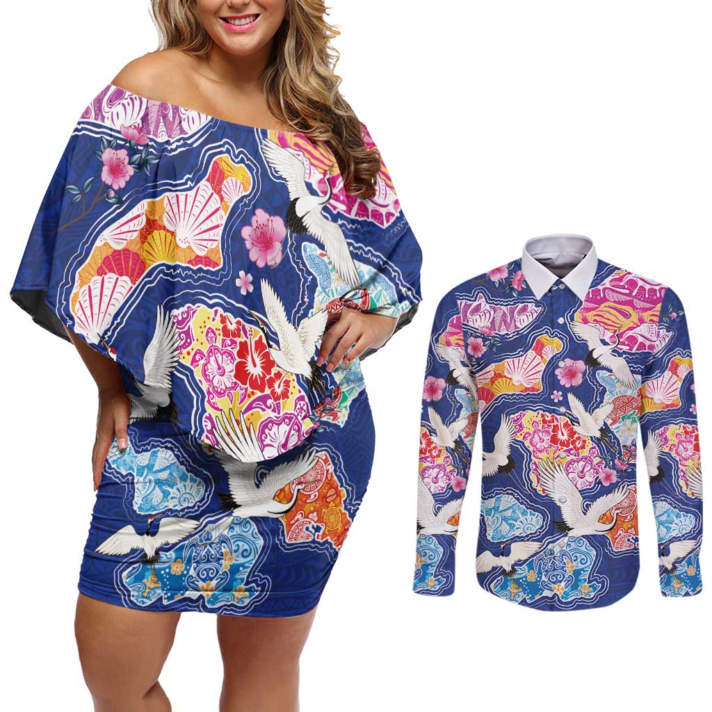 Hawaiian and Japanese Culture Together Couples Matching Off Shoulder Short Dress and Long Sleeve Button Shirt Hawaiian Archipelago Shape Sea Animals