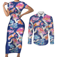 Hawaiian and Japanese Culture Together Couples Matching Short Sleeve Bodycon Dress and Long Sleeve Button Shirt Hawaiian Archipelago Shape Sea Animals LT03 Multicolor - Polynesian Pride