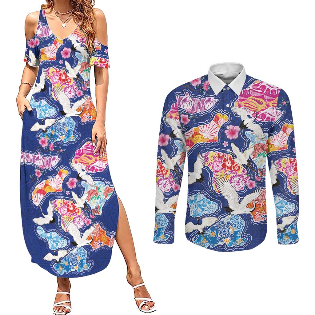 Hawaiian and Japanese Culture Together Couples Matching Summer Maxi Dress and Long Sleeve Button Shirt Hawaiian Archipelago Shape Sea Animals