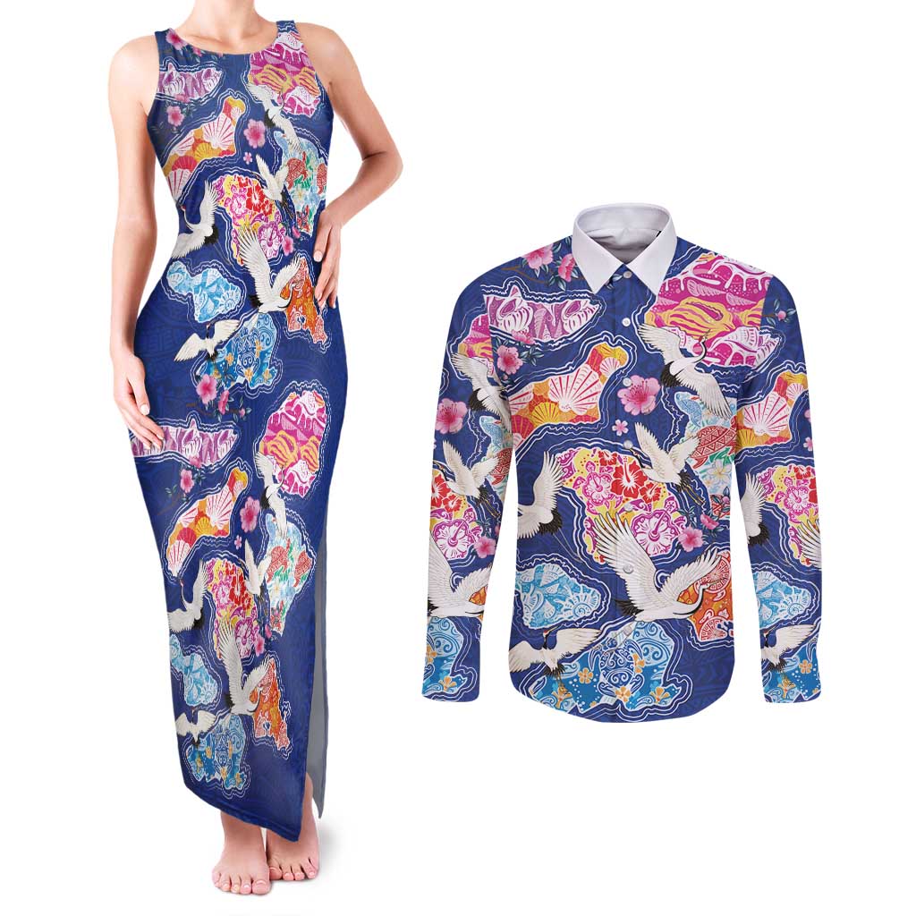 Hawaiian and Japanese Culture Together Couples Matching Tank Maxi Dress and Long Sleeve Button Shirt Hawaiian Archipelago Shape Sea Animals LT03 Multicolor - Polynesian Pride