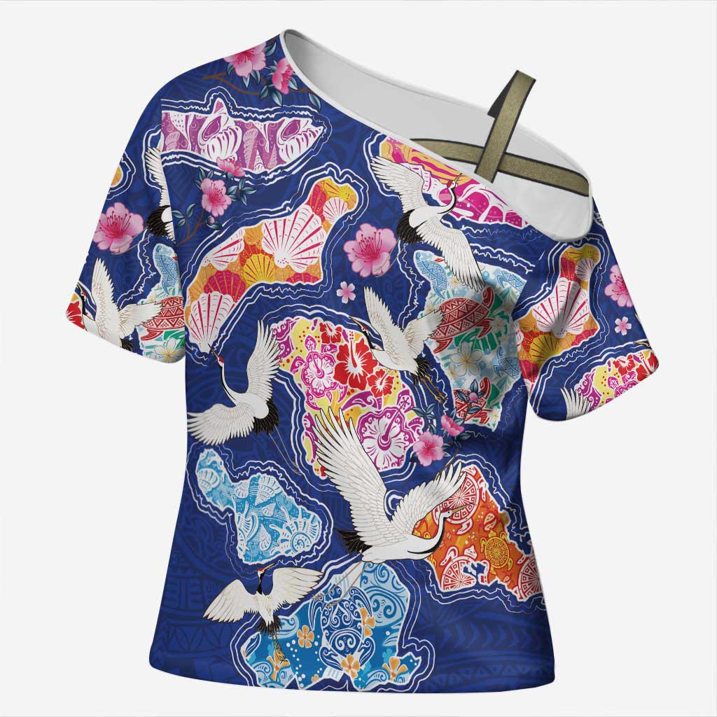 Hawaiian and Japanese Culture Together Cross Shoulder Shirt Hawaiian Archipelago Shape Sea Animals