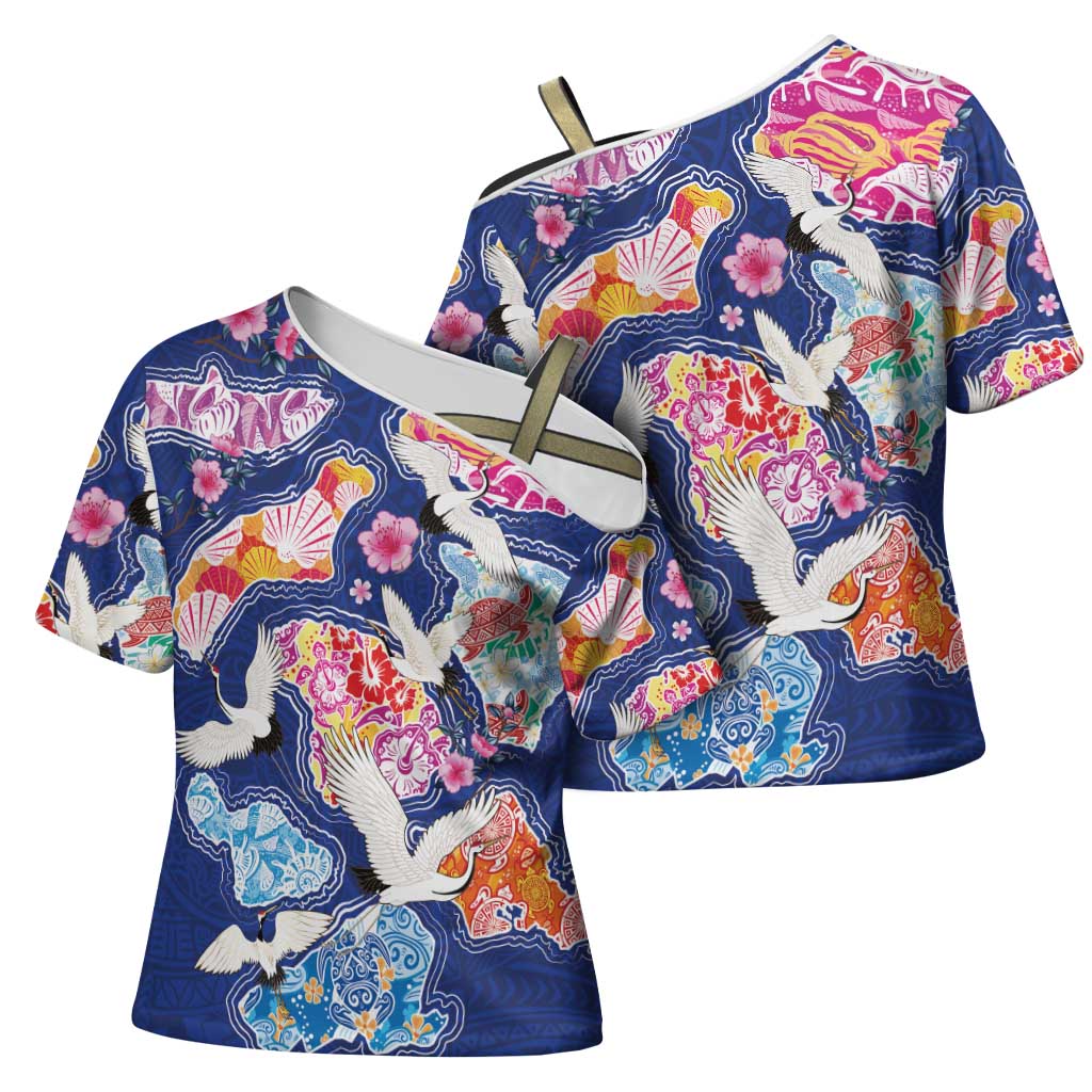 Hawaiian and Japanese Culture Together Cross Shoulder Shirt Hawaiian Archipelago Shape Sea Animals