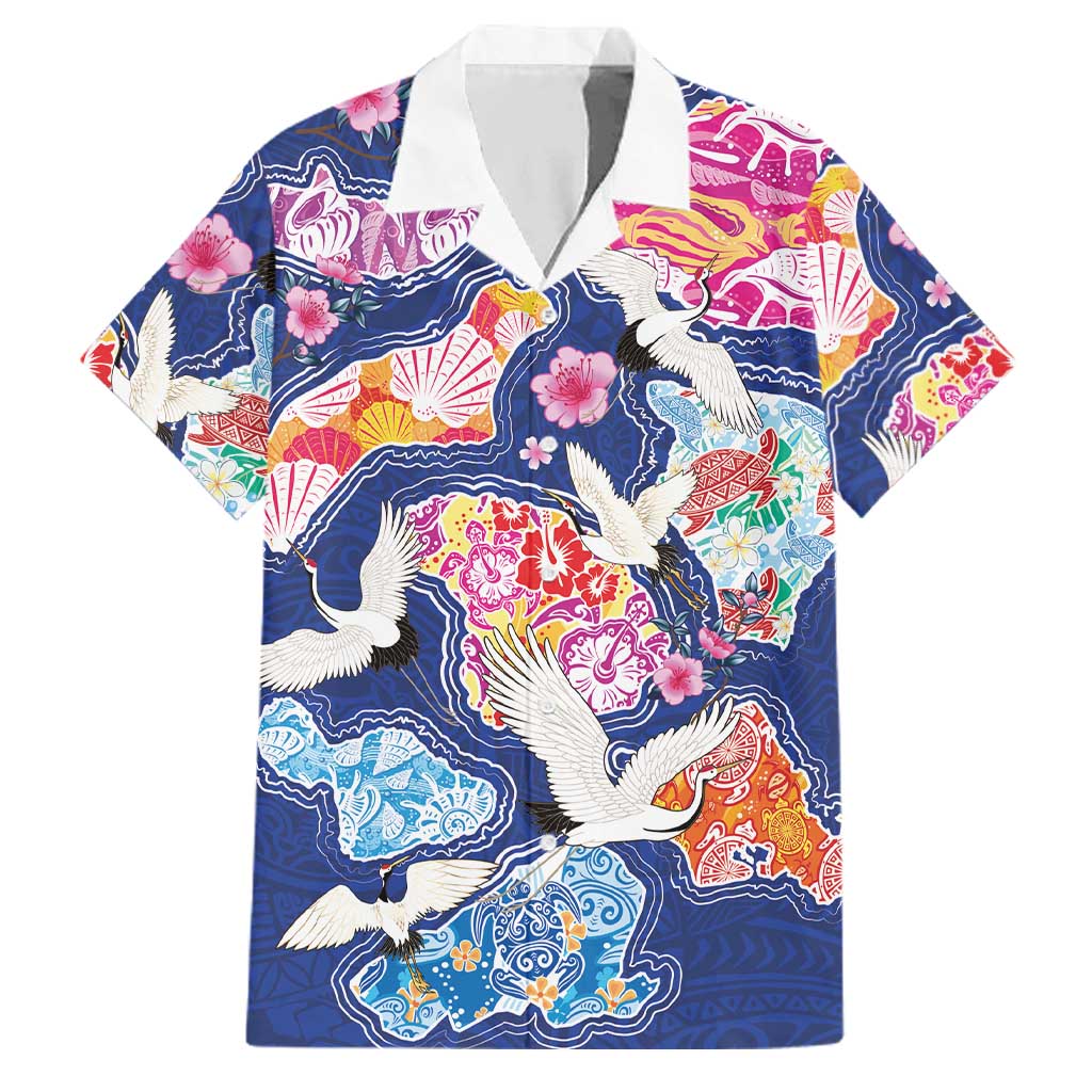 Hawaiian and Japanese Culture Together Family Matching Long Sleeve Bodycon Dress and Hawaiian Shirt Hawaiian Archipelago Shape Sea Animals LT03 Dad's Shirt - Short Sleeve Multicolor - Polynesian Pride