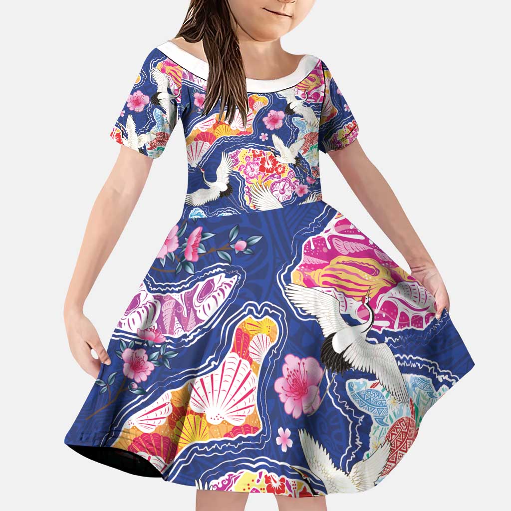Hawaiian and Japanese Culture Together Family Matching Off The Shoulder Long Sleeve Dress and Hawaiian Shirt Hawaiian Archipelago Shape Sea Animals LT03 Daughter's Dress Multicolor - Polynesian Pride
