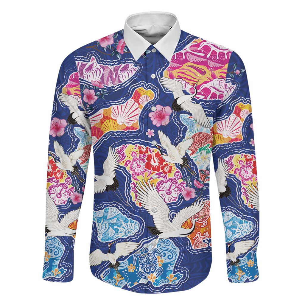 Hawaiian and Japanese Culture Together Family Matching Off The Shoulder Long Sleeve Dress and Hawaiian Shirt Hawaiian Archipelago Shape Sea Animals LT03 Dad's Shirt - Long Sleeve Multicolor - Polynesian Pride