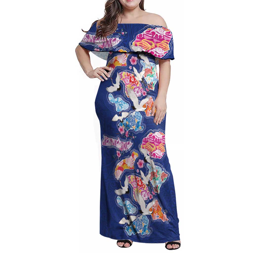 Hawaiian and Japanese Culture Together Family Matching Off Shoulder Maxi Dress and Hawaiian Shirt Hawaiian Archipelago Shape Sea Animals LT03 Mom's Dress Multicolor - Polynesian Pride