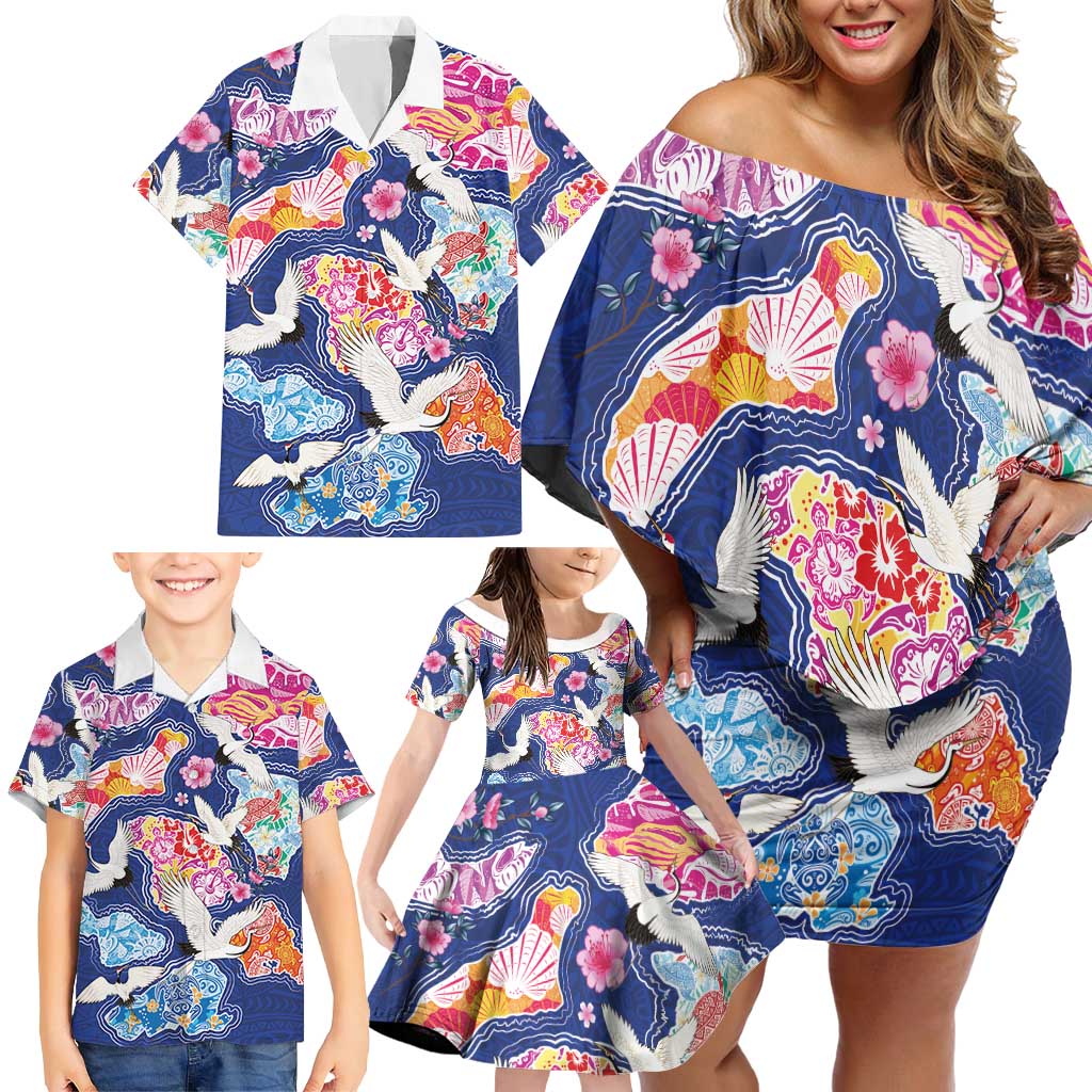 Hawaiian and Japanese Culture Together Family Matching Off Shoulder Short Dress and Hawaiian Shirt Hawaiian Archipelago Shape Sea Animals
