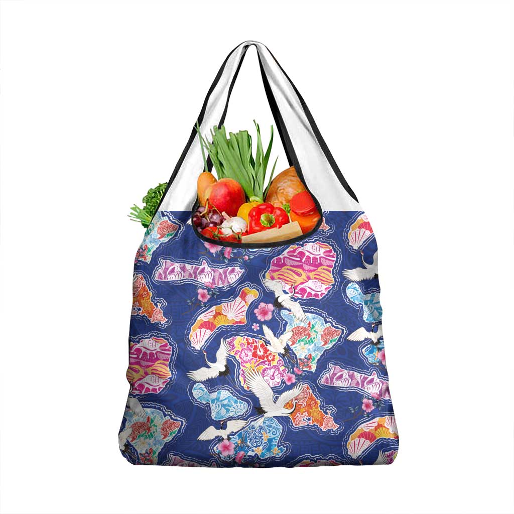 Hawaiian and Japanese Culture Together Grocery Bag Hawaiian Archipelago Shape Sea Animals