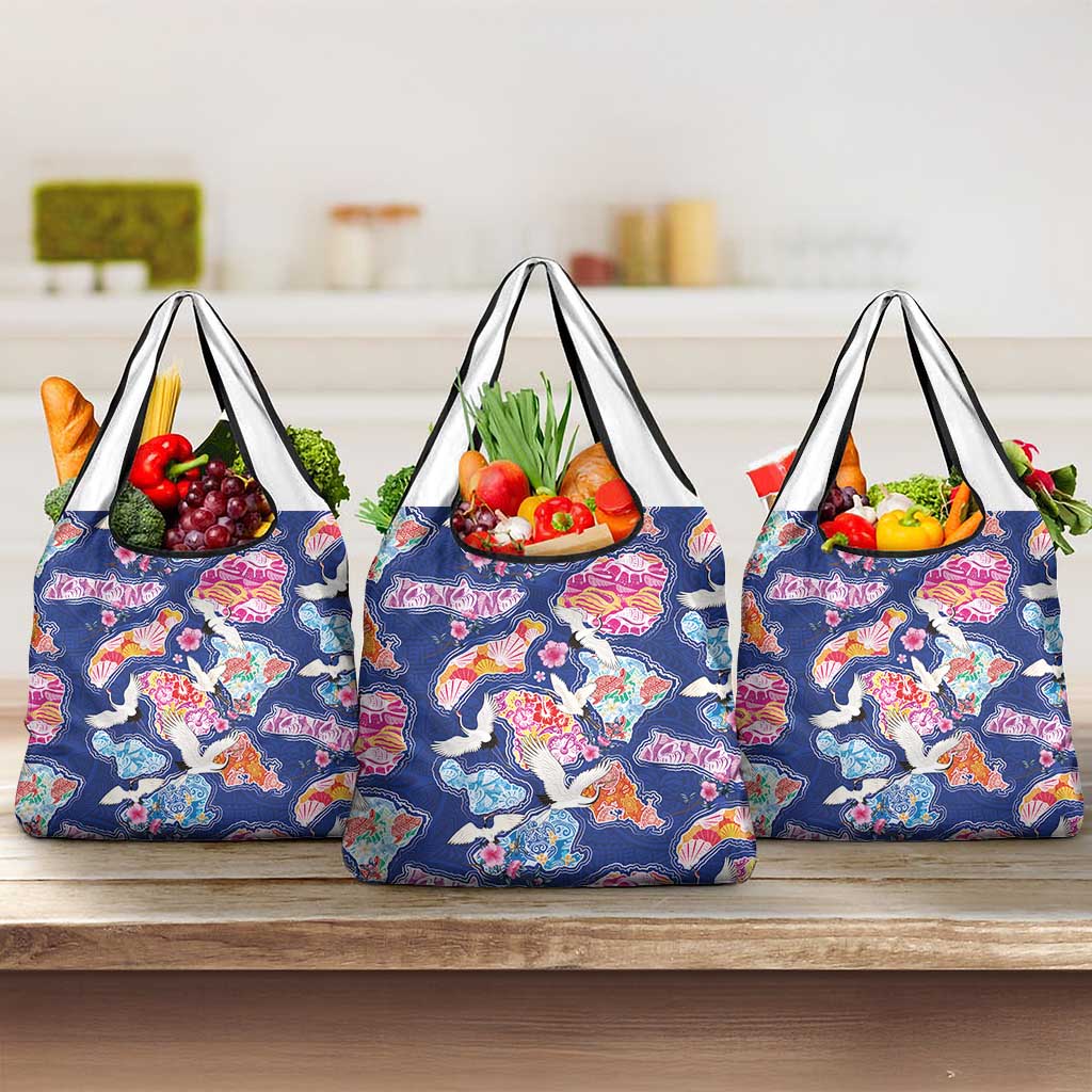 Hawaiian and Japanese Culture Together Grocery Bag Hawaiian Archipelago Shape Sea Animals