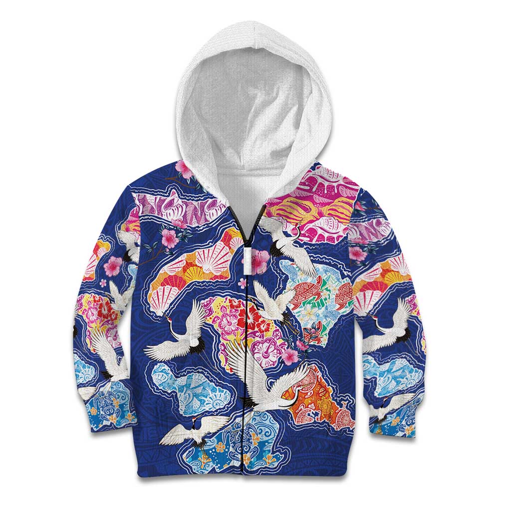 Hawaiian and Japanese Culture Together Kid Hoodie Hawaiian Archipelago Shape Sea Animals LT03 Zip Hoodie Multicolor - Polynesian Pride