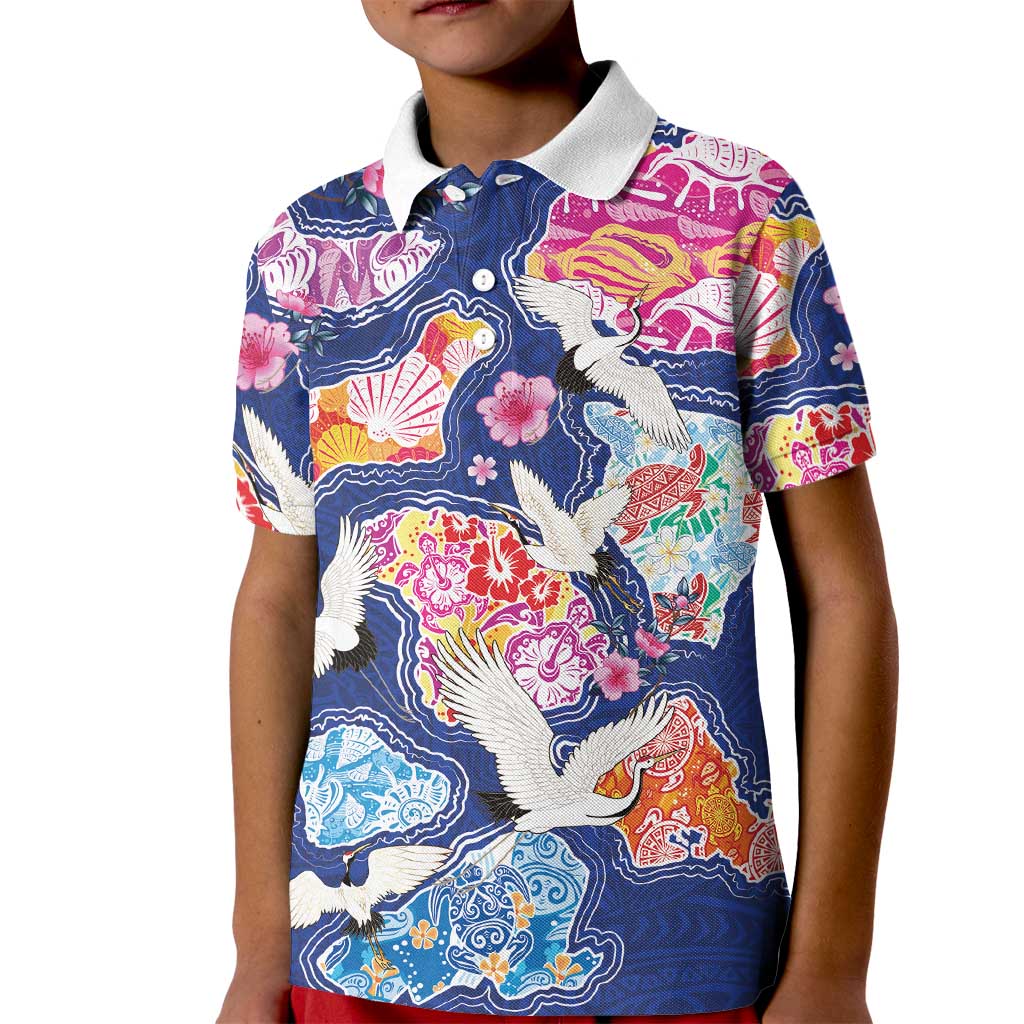 Hawaiian and Japanese Culture Together Kid Polo Shirt Hawaiian Archipelago Shape Sea Animals LT03 Kid Multicolor - Polynesian Pride