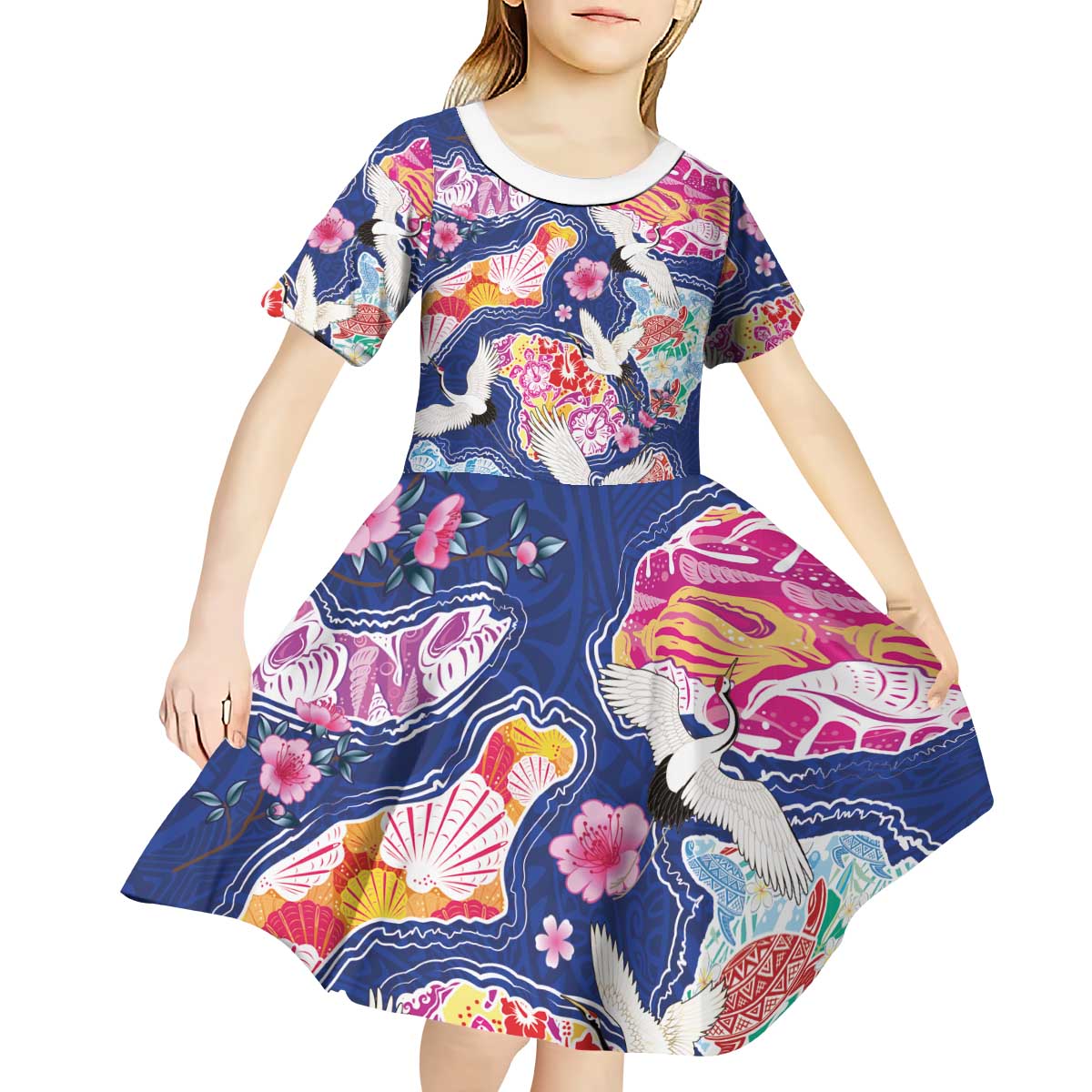 Hawaiian and Japanese Culture Together Kid Short Sleeve Dress Hawaiian Archipelago Shape Sea Animals LT03 - Polynesian Pride