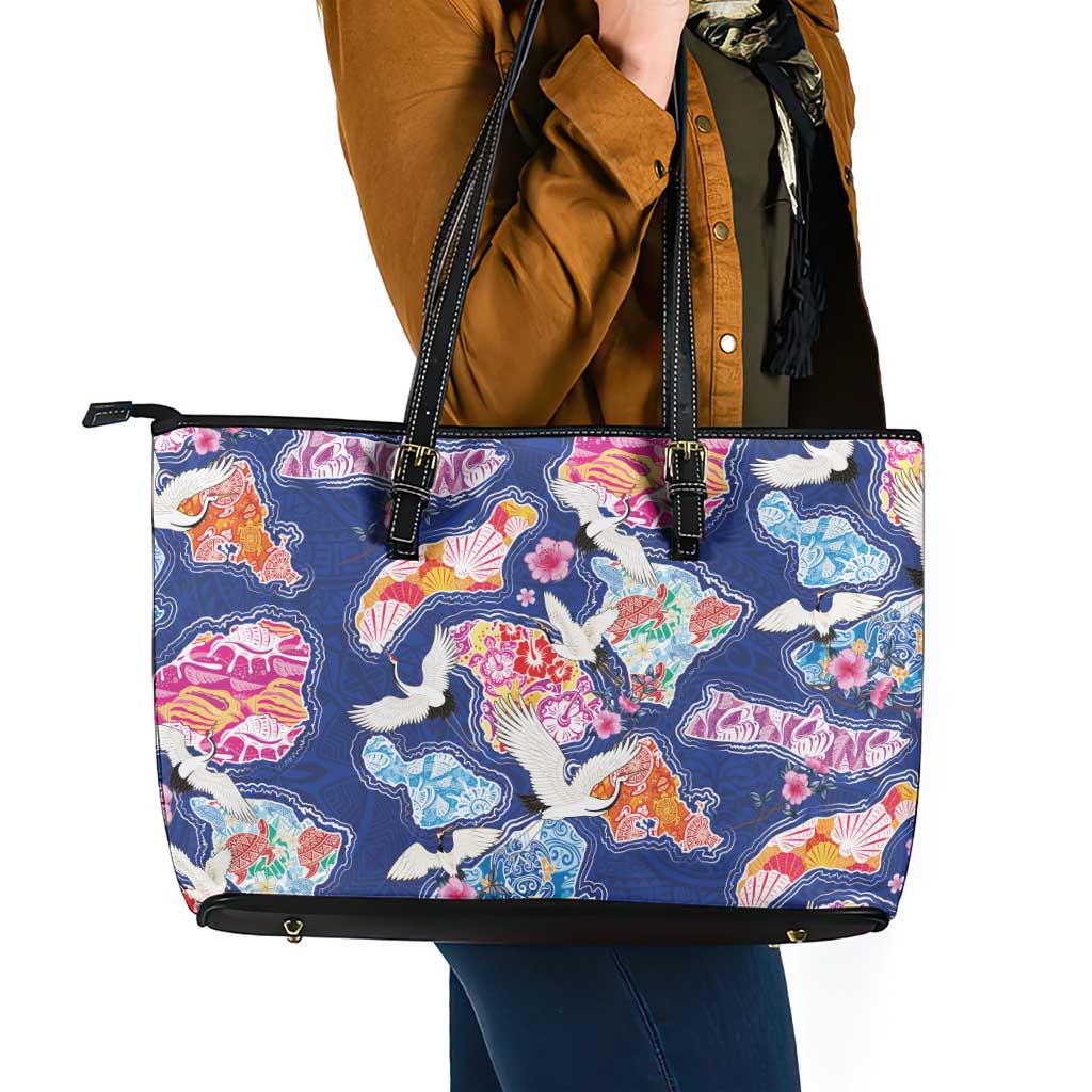 Hawaiian and Japanese Culture Together Leather Tote Bag Hawaiian Archipelago Shape Sea Animals