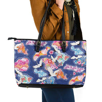 Hawaiian and Japanese Culture Together Leather Tote Bag Hawaiian Archipelago Shape Sea Animals