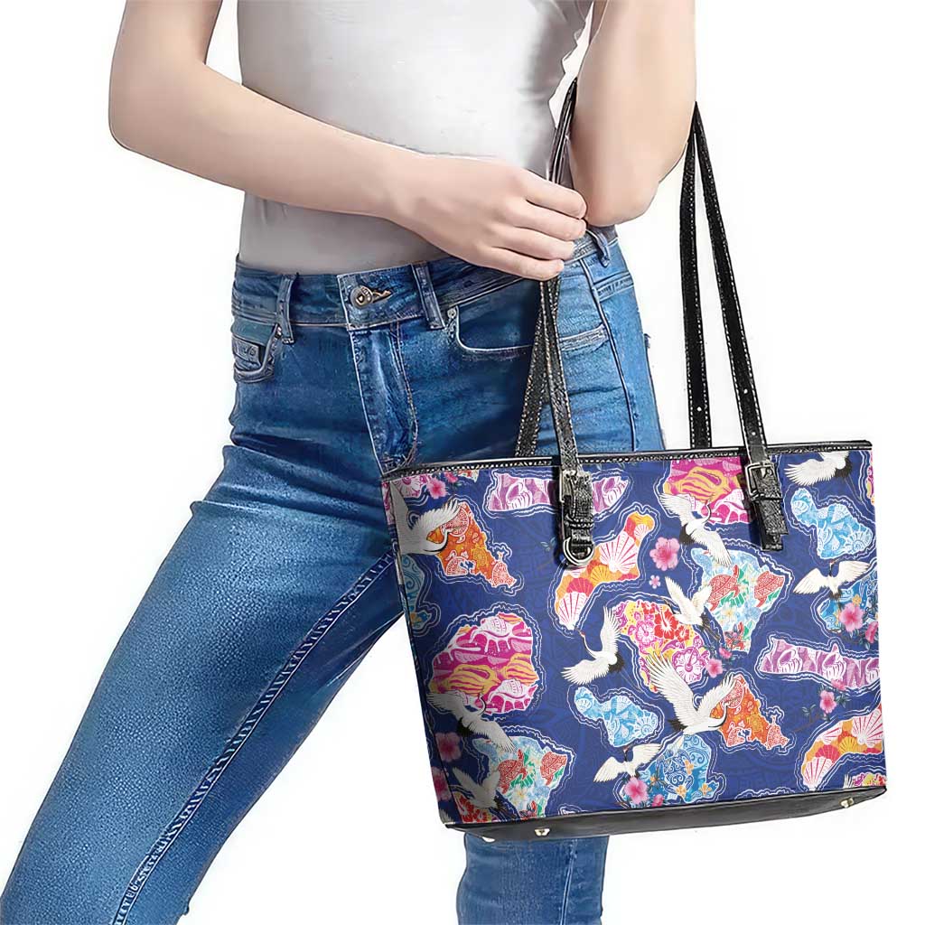 Hawaiian and Japanese Culture Together Leather Tote Bag Hawaiian Archipelago Shape Sea Animals