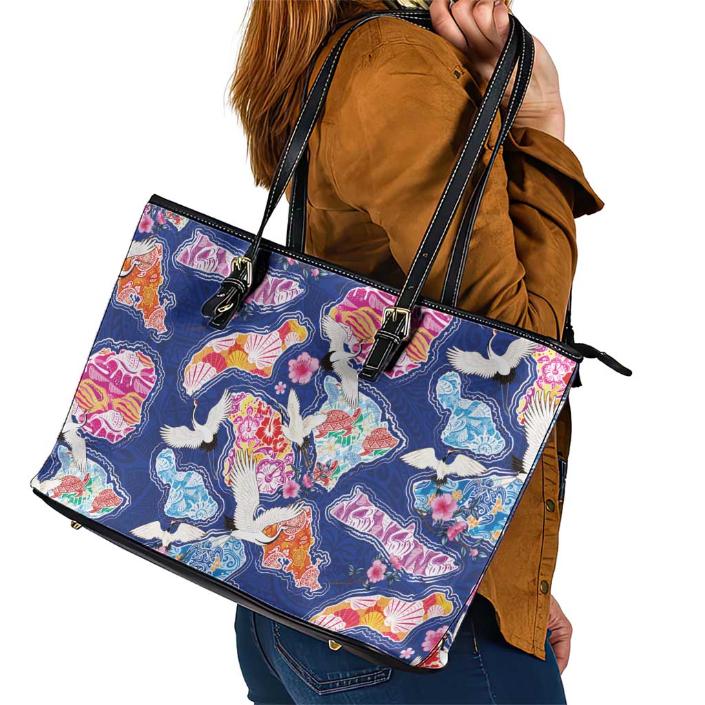 Hawaiian and Japanese Culture Together Leather Tote Bag Hawaiian Archipelago Shape Sea Animals