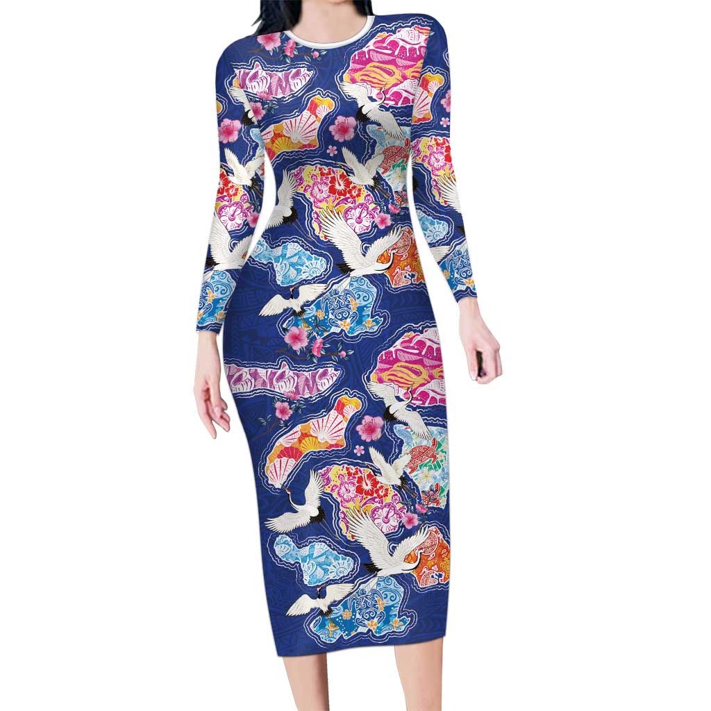 Hawaiian and Japanese Culture Together Long Sleeve Bodycon Dress Hawaiian Archipelago Shape Sea Animals LT03 Long Dress Multicolor - Polynesian Pride
