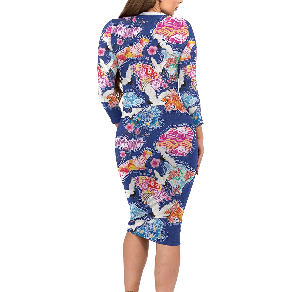 Hawaiian and Japanese Culture Together Long Sleeve Bodycon Dress Hawaiian Archipelago Shape Sea Animals LT03 - Polynesian Pride