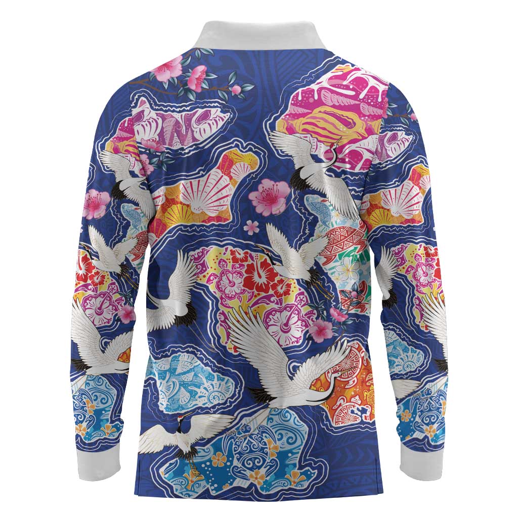 Hawaiian and Japanese Culture Together Long Sleeve Polo Shirt Hawaiian Archipelago Shape Sea Animals LT03 - Polynesian Pride
