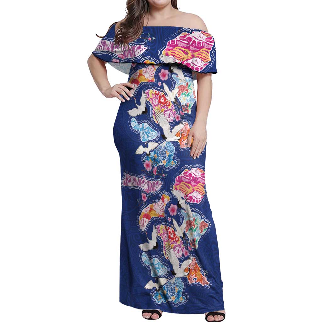 Hawaiian and Japanese Culture Together Off Shoulder Maxi Dress Hawaiian Archipelago Shape Sea Animals