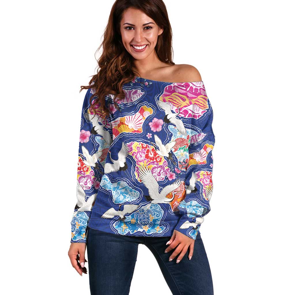 Hawaiian and Japanese Culture Together Off Shoulder Sweater Hawaiian Archipelago Shape Sea Animals LT03 Women Multicolor - Polynesian Pride