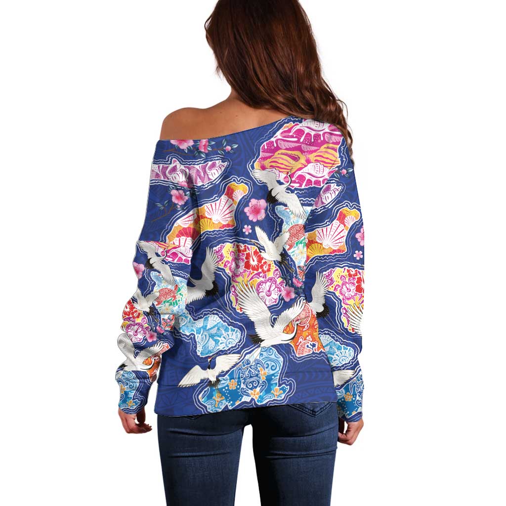 Hawaiian and Japanese Culture Together Off Shoulder Sweater Hawaiian Archipelago Shape Sea Animals LT03 - Polynesian Pride