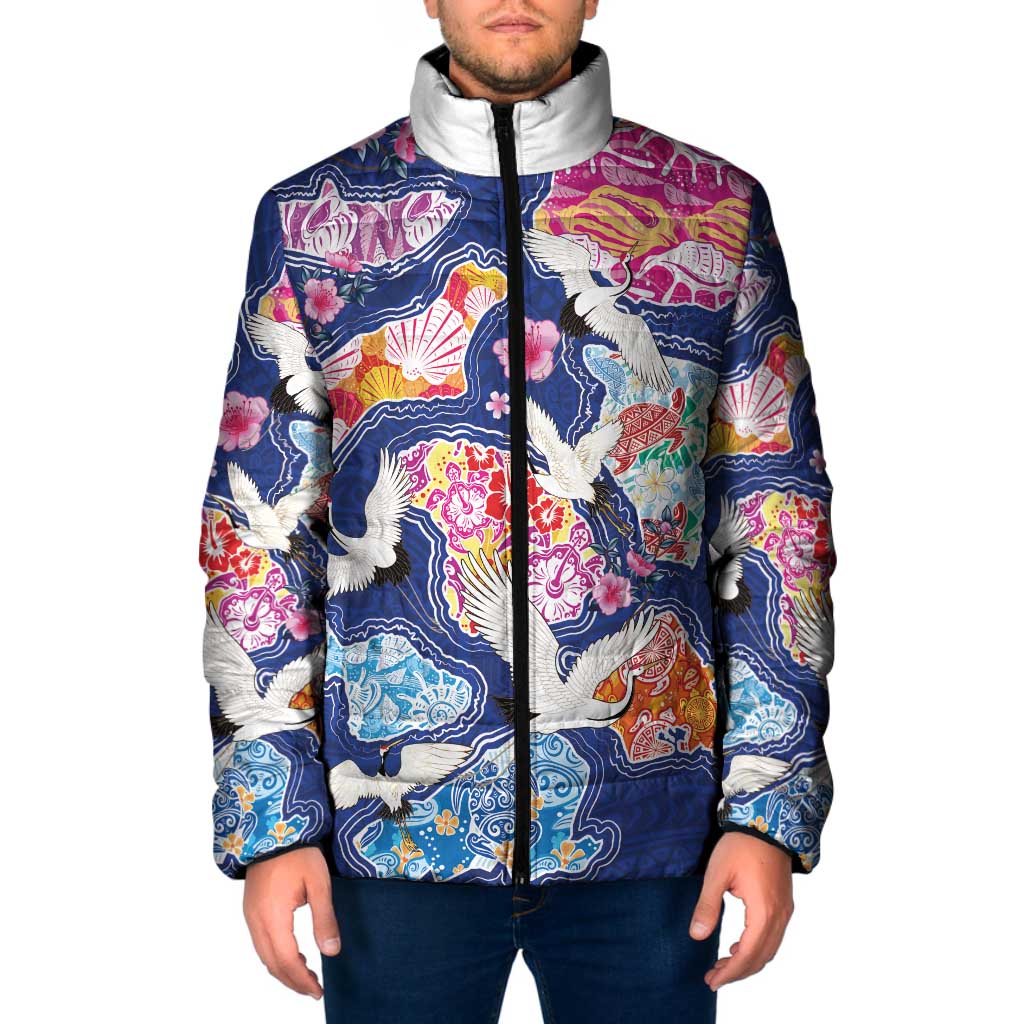 Hawaiian and Japanese Culture Together Padded Jacket Hawaiian Archipelago Shape Sea Animals