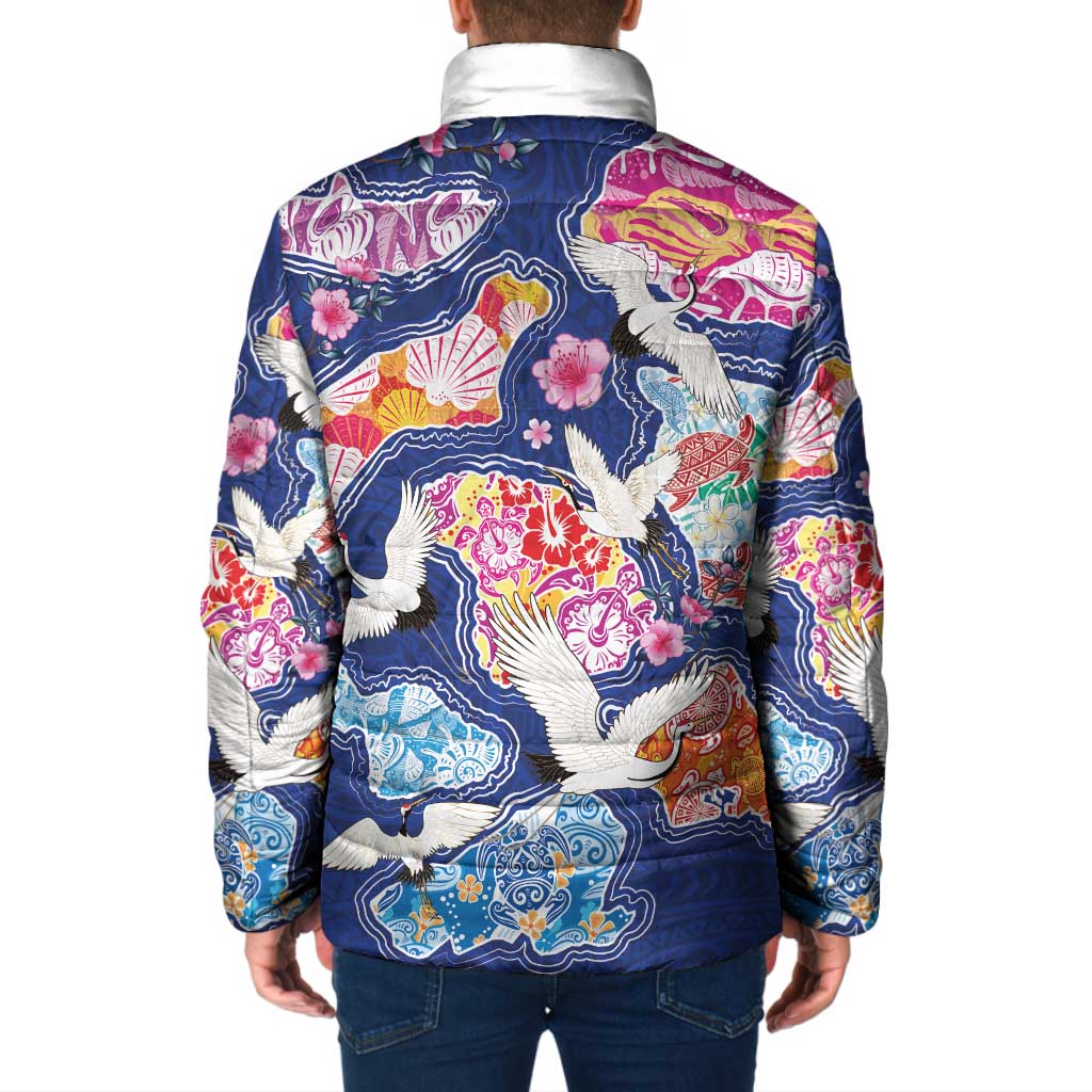 Hawaiian and Japanese Culture Together Padded Jacket Hawaiian Archipelago Shape Sea Animals