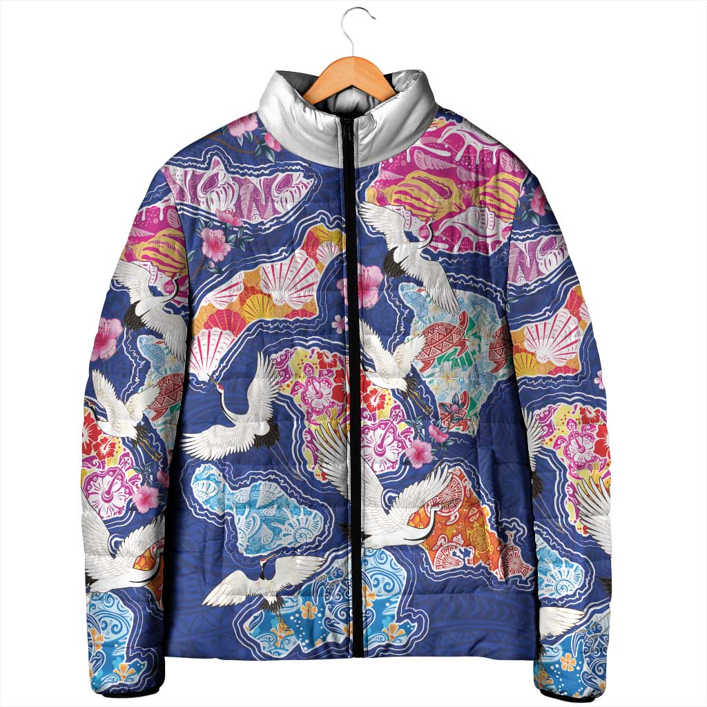 Hawaiian and Japanese Culture Together Padded Jacket Hawaiian Archipelago Shape Sea Animals