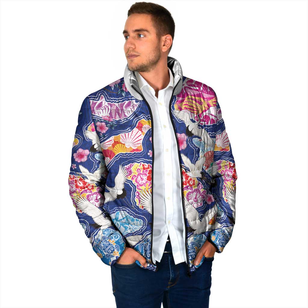 Hawaiian and Japanese Culture Together Padded Jacket Hawaiian Archipelago Shape Sea Animals