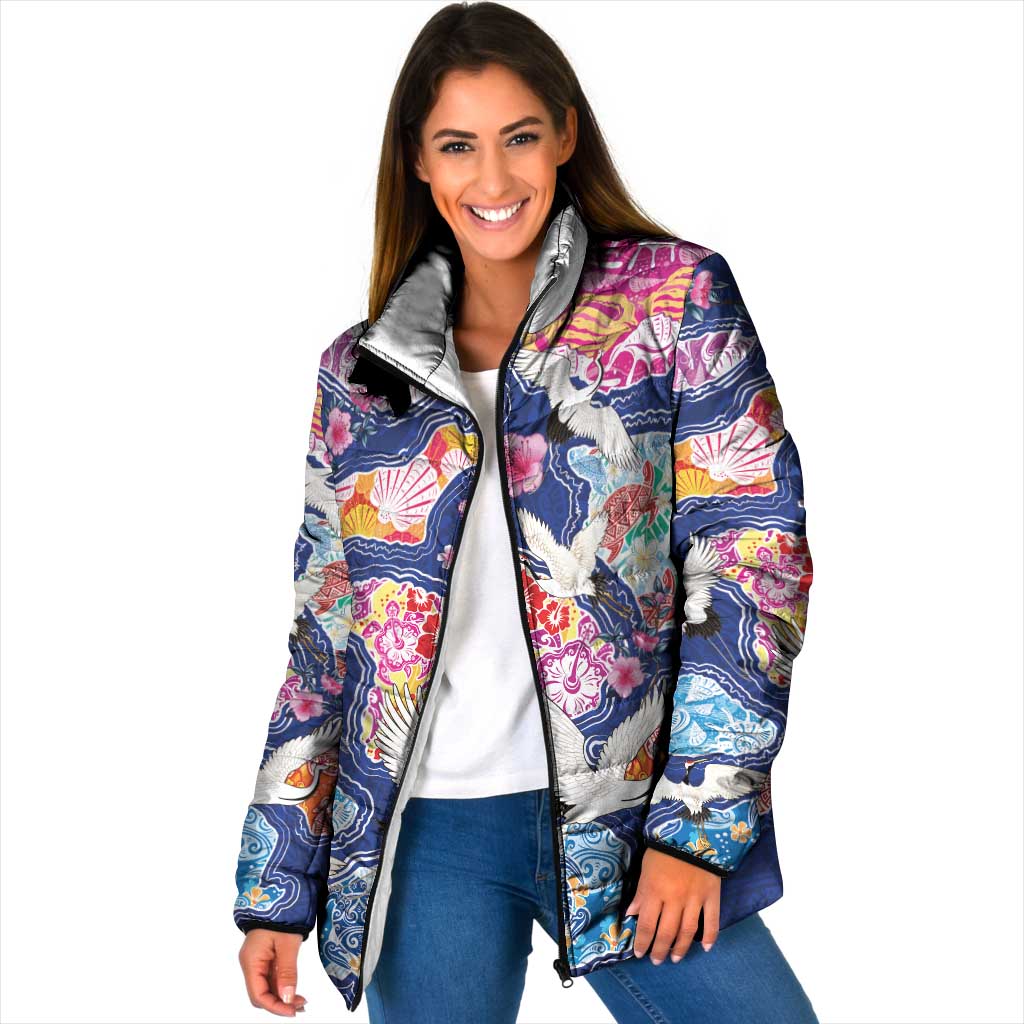 Hawaiian and Japanese Culture Together Padded Jacket Hawaiian Archipelago Shape Sea Animals