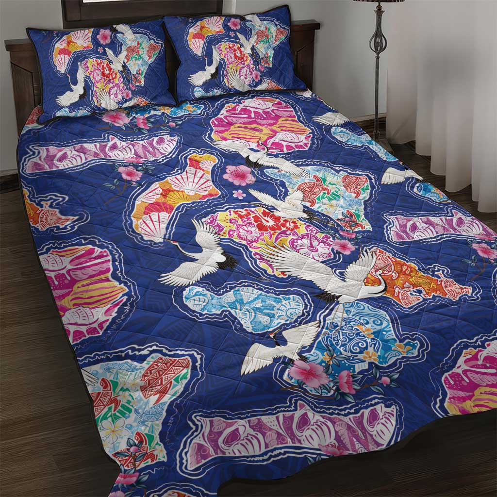 Hawaiian and Japanese Culture Together Quilt Bed Set Hawaiian Archipelago Shape Sea Animals