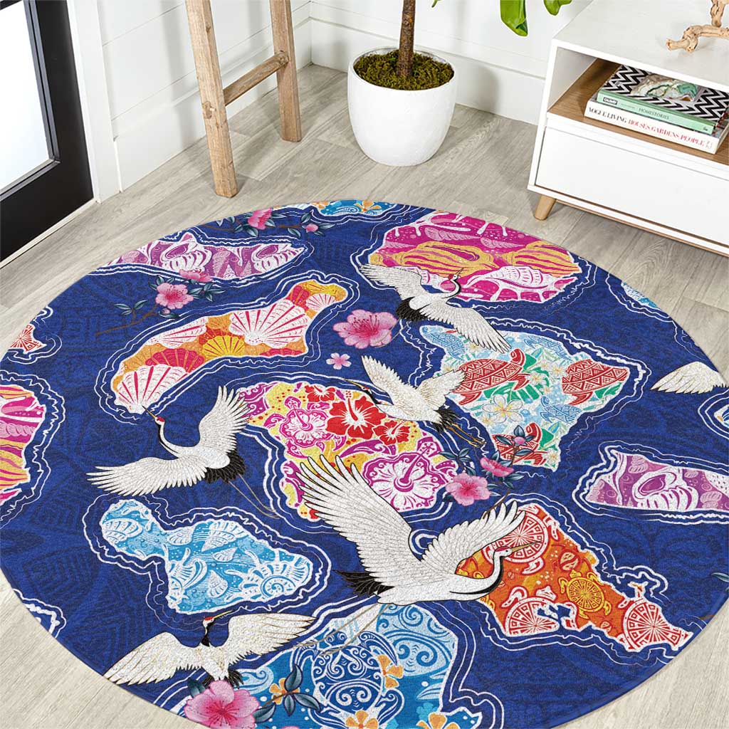Hawaiian and Japanese Culture Together Round Carpet Hawaiian Archipelago Shape Sea Animals